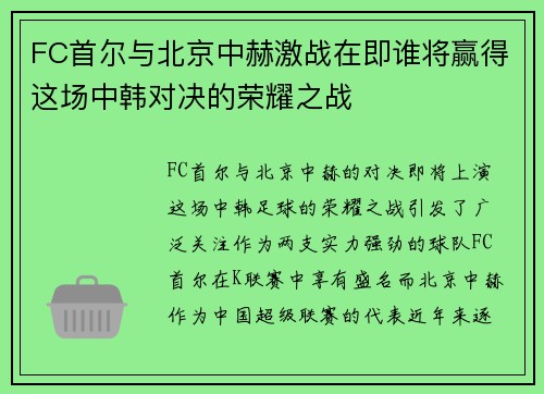 FC首尔与北京中赫激战在即谁将赢得这场中韩对决的荣耀之战